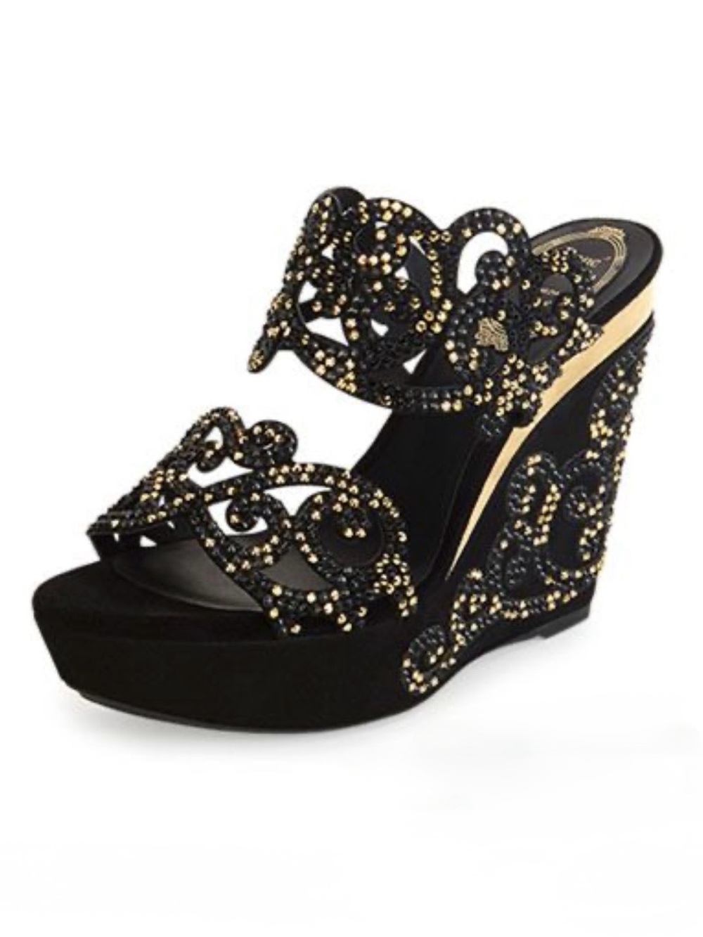 Rene Caovilla Black Wedge Sandals with Gold Embellishment